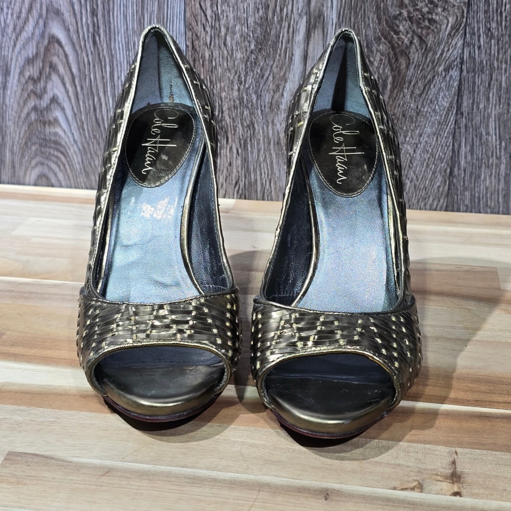 Cole Haan NikeAir Gold Woven Peep Toe Heels Dress Shoes Leather‎ Sole Size 7B
